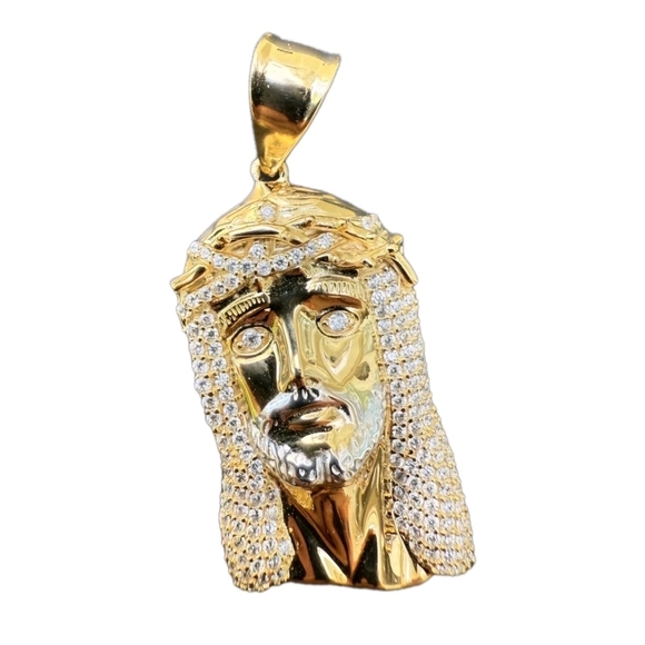 Jesus Piece Outline Hip Hop Pendant - 14k Gold Over Vermeil 925 Sterling Silver - Picture 1 of 7